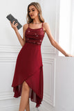 Sparkly Burgundy Spaghetti Straps Asymmetrical Party Dress