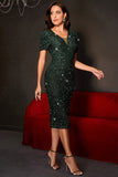 Sparkly Dark Green Tight Sequined Party Dress with Short Sleees