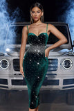 Sparkly Dark Green Spaghetti Straps Sequined Tight Party Dress with Slit