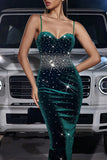 Sparkly Dark Green Spaghetti Straps Sequined Tight Party Dress with Slit