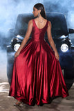 Dark Red A Line V Neck Satin Long Dress with Slit