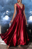 Dark Red A Line V Neck Satin Long Dress with Slit