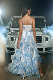 Blue White Flower Corset Tulle A Line V Neck Spaghetti Straps Long Prom Dress