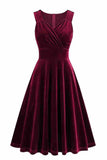 Burgundy A Line V Neck Pleated Short Vintage 1950s Dress