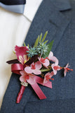 Burgundy Prom Wrist Corsage and Men‘s Boutonniere with Pearls