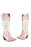 White Embroidered Knee High Wide Calf Chunky Heel Cowgirl Boots