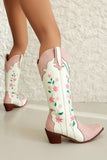 White Embroidered Knee High Wide Calf Chunky Heel Cowgirl Boots