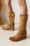 Brown Sunflower Pattern On Pointed Toe Chunky Heel Cowgirl Boots