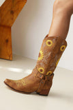 Brown Sunflower Pattern On Pointed Toe Chunky Heel Cowgirl Boots