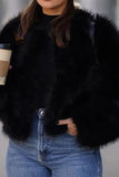 Black V Neck Midi Fitted Faux Fur Coat