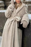 Grey Beige Long Shearling Fur Coat with Belt