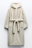 Grey Beige Long Shearling Fur Coat with Belt