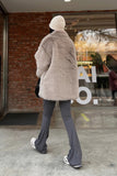 Grey Brown Midi Notched Lapel Shaggy Faux Fur Coat