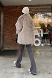 Grey Brown Midi Notched Lapel Shaggy Faux Fur Coat