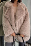 Grey Brown Midi Notched Lapel Shaggy Faux Fur Coat