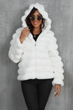 Black Fluffy Faux Fur Cropped Zip Up Coat with Hood