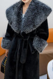 Fluffy Black Faux Fur Long Overcoat with Belt