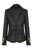 Black Tweed Notched Lapel Women Jacket with Belt