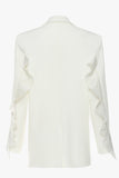 White Notched Lapel Women Blazer With Ruffles