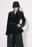 Dark Green Velvet Women Coat with Belt