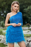 Sparkly Blue One Shoulder Sleeve Sequined Feather Homecoming Dress