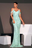 Sparkly Light Blue Cold Shoulder Sequined Mermaid Long Prom Dress