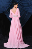 Pink Chiffon Long Sleeves Prom Dress With Slit