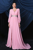 Pink Chiffon Long Sleeves Prom Dress With Slit