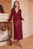 Sparkly Burgundy V-Neck Prom Dress With Long Sleeves