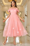 Pink A Line Off The Shoulder Prom Dress with Lace Up Back