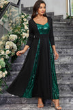 Sparkly Black Green Sequined A Line Prom Dress With Long Sleeves