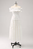 Cute A-Line White Off the Shoulder Midi Dress with Ruffles