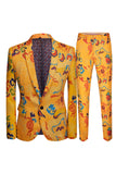 Yellow 2 Piece Notched Lapel Print Men's Suit