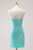 Sparkly Mint One Shoulder Tight Short Homecoming Dress with Sequins