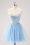 Sky Blue A Line Sweetheat Corset Tulle Homecoming Dress with Sequins