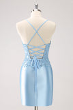 Blue Spaghetti Straps Tight Short Homecoming Dress with Appliques