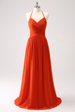 Orange A-Line Halter Ruched Long Bridesmaid Dress