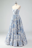 Cute Blue A-Line Sweetheart Brocade Corset Long Prom Dress