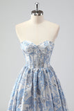 Cute Blue A-Line Sweetheart Brocade Corset Long Prom Dress