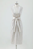 Champagne Sparkly V Neck Tea Length Holiday Party Dress with Bow