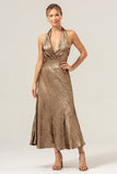 Golden Mermaid Halter Neck Backless Tea Length Bridesmaid Dress