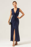 Sparkly Navy Sheath V-Neck Sequins Tea Length Prom Dress with Slit