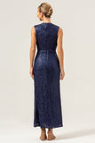 Sparkly Navy Sheath V-Neck Sequins Tea Length Prom Dress with Slit