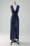 Sparkly Navy Sheath Sequins Ruched Choir Dress with Slit