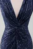 Sparkly Navy Sheath Sequins Ruched Choir Dress with Slit