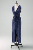 Sparkly Navy Sheath Sequins Ruched Choir Dress with Slit