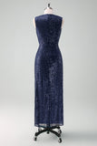 Navy V-neck Sheath Sequins Sleeveless Wedding Guest Dress