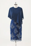 Navy Sheath Chiffon Round Neck Midi Choir Dress with Wrap