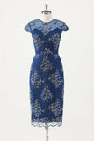 Navy Applique Sheath Tea Length Mother of the Bride Dress with Wrap