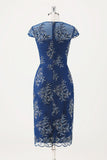 Navy Sheath Chiffon Round Neck Midi Choir Dress with Wrap